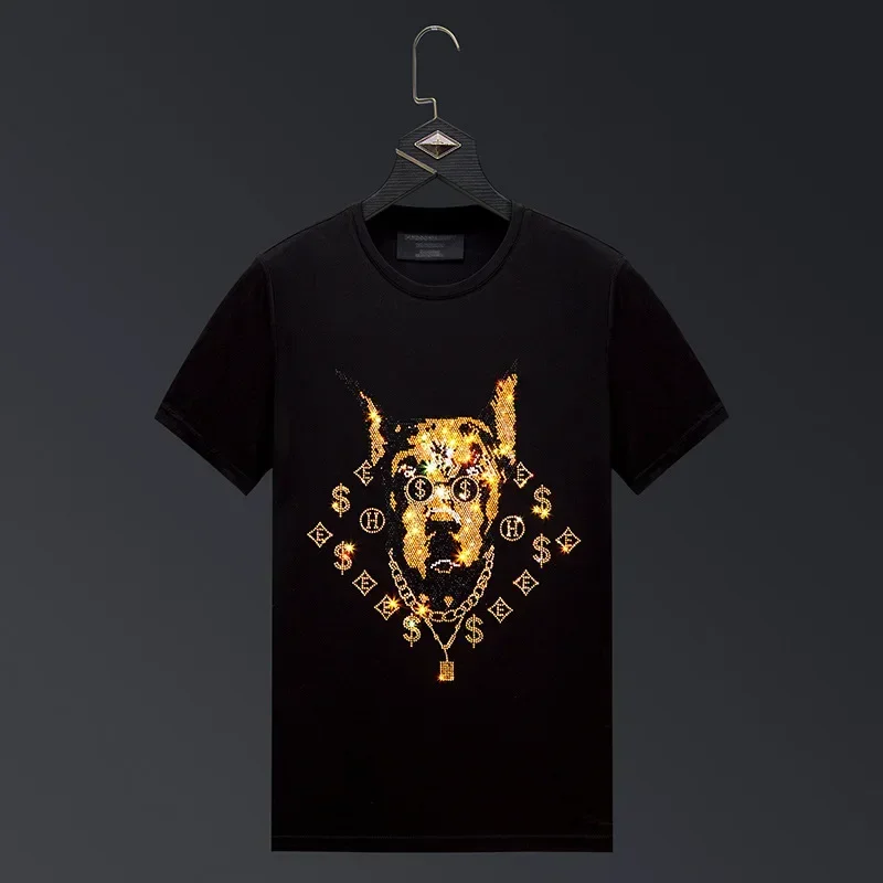 

Cartoon Dog Rhinestones T Shirts Men Clothing Short Sleeve Tops Tee Fashion Streetwear O Neck Slim T-shirts футболки со стразами
