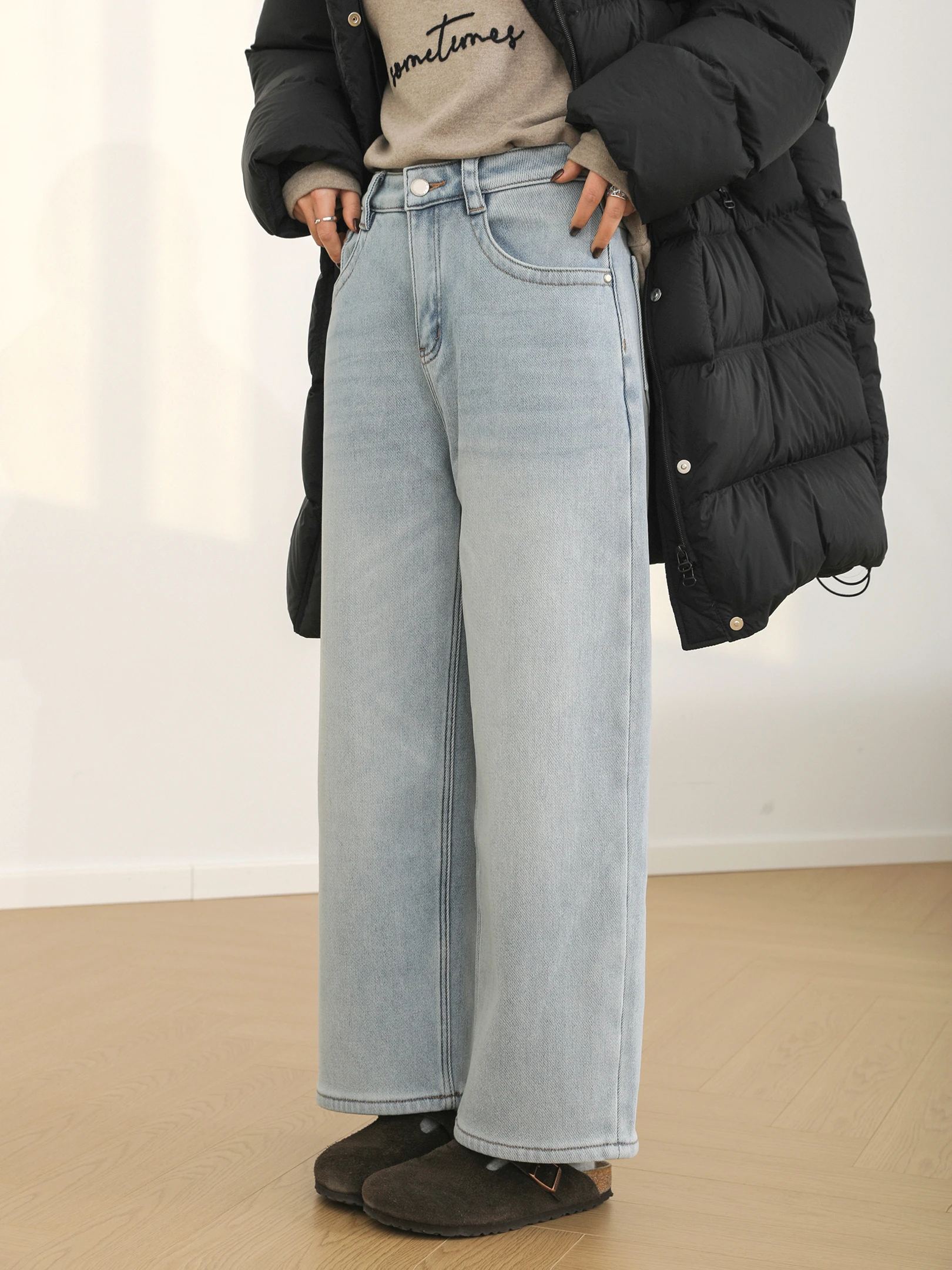 

Warm Fce Lined Slim Straight Jeans New Winter Casual High Waist Cotton Wide Leg Pants Dra Bootcut Trousers for Girls