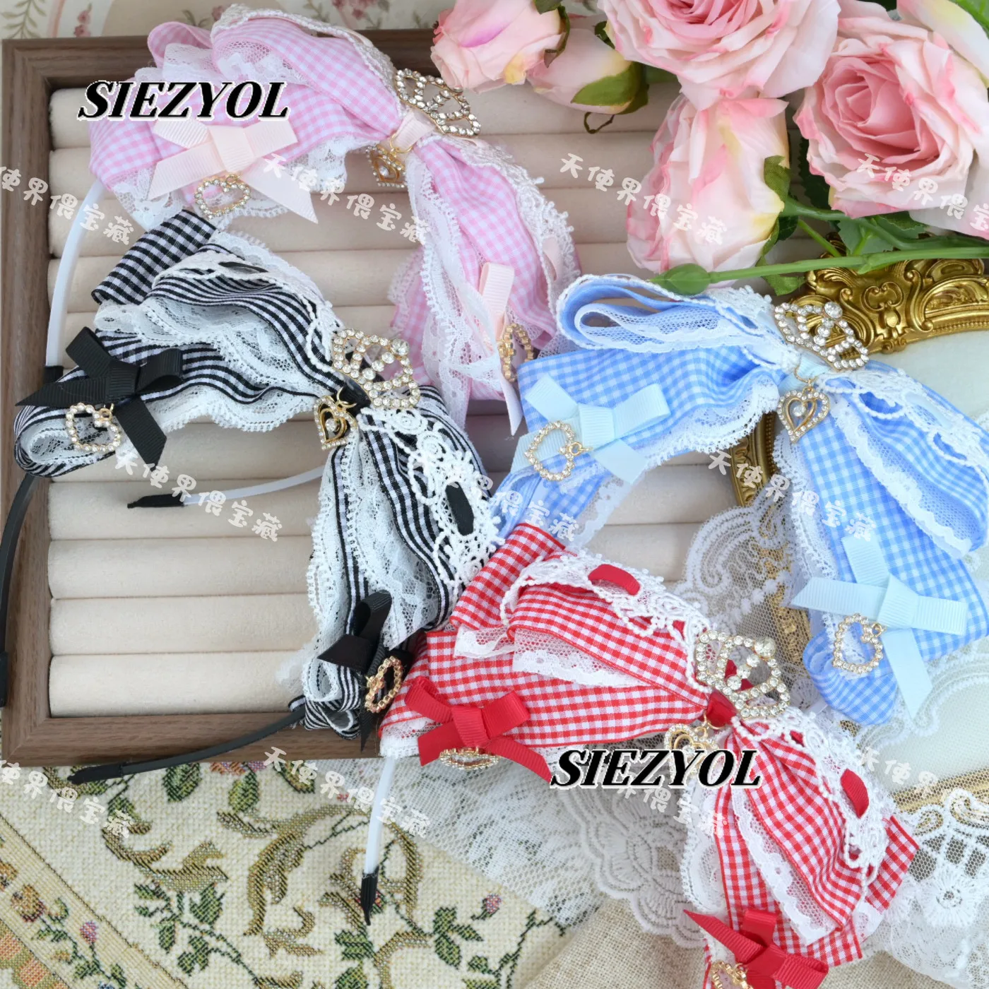 Original Mass Production Subculture Plaid Headband Hair Accessories Lolita Sweet Cute Girls Kc Love Bow Headband Headgear