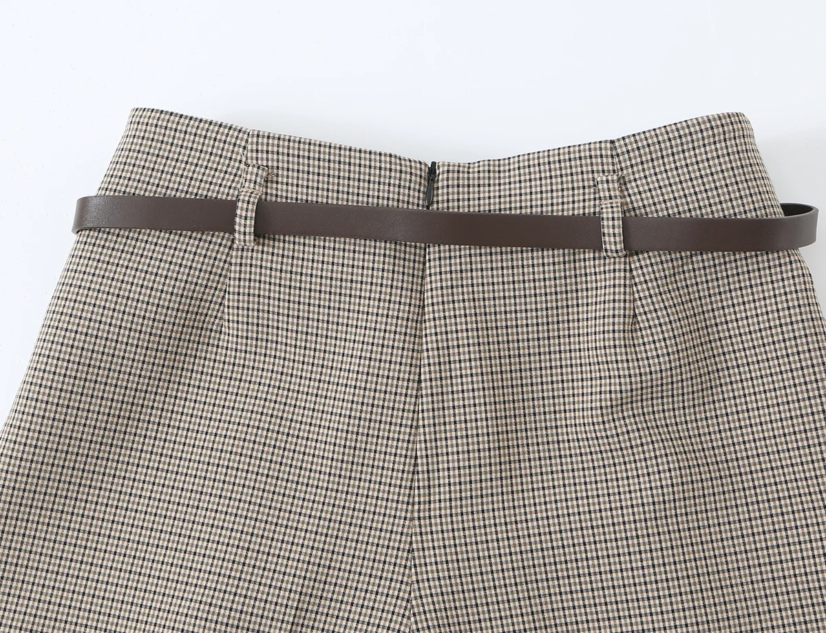 KONDALA Mode 2026 Damen Karierter Khaki-Herbstanzug O-Ausschnitt Zweireihige Weste + Gürtel Lange Hose Vintage Büro-Dame Schicke Sets – Detail 16