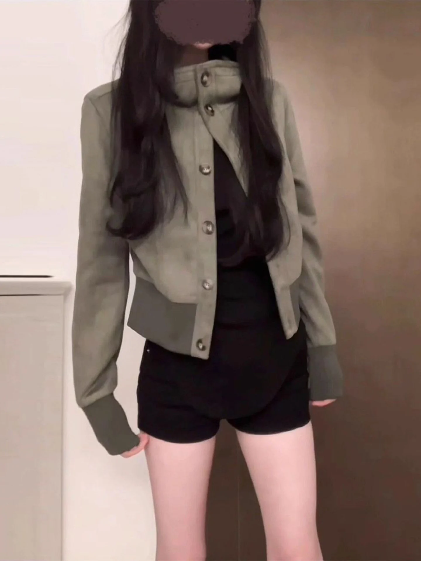 American Retro Suede Short Jacket Women's Autumn Winter Slimming High-End Feeling Button up Stand Collar Top Coat