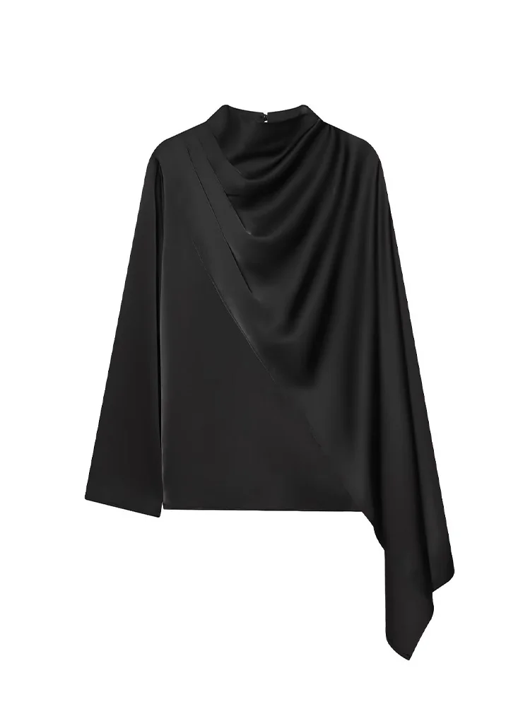 

HH Woman Fashion Round Collar Long Sleeves Splice Decoration Shawl Design Asymmetry Top Female Spring Satin Texture Solid Tops