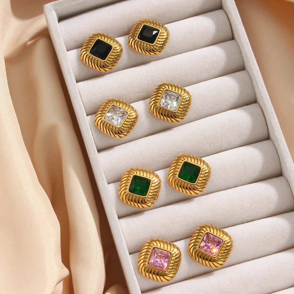 E.B.belle 2024 New Stainless Steel Small Square Texture Zircon Stone Stud Earrings Green Black Pink White Luxury Party Earring
