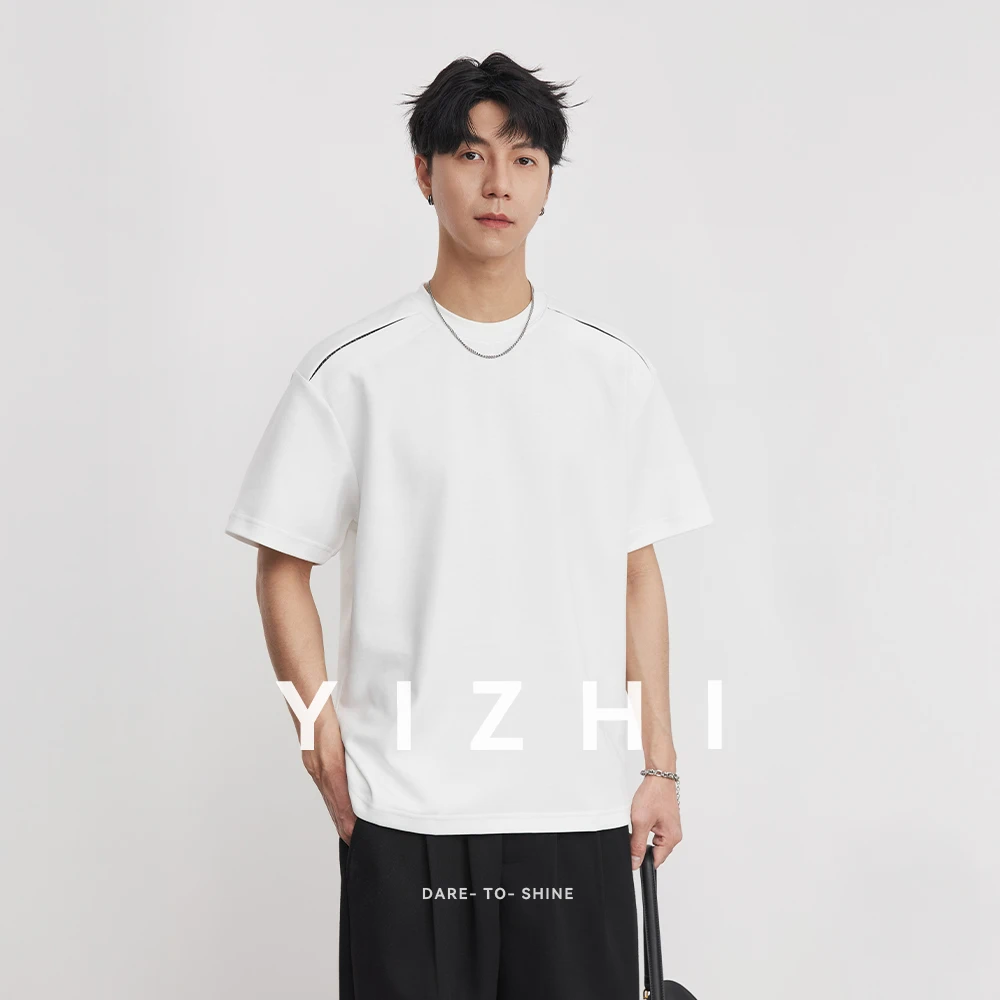 

Men's Heavyweight 270g Patchwork Stitch T-Shirt 2026 Summer Crew Neck Plaid Slightly Loose Casual Commute Short Sleeve