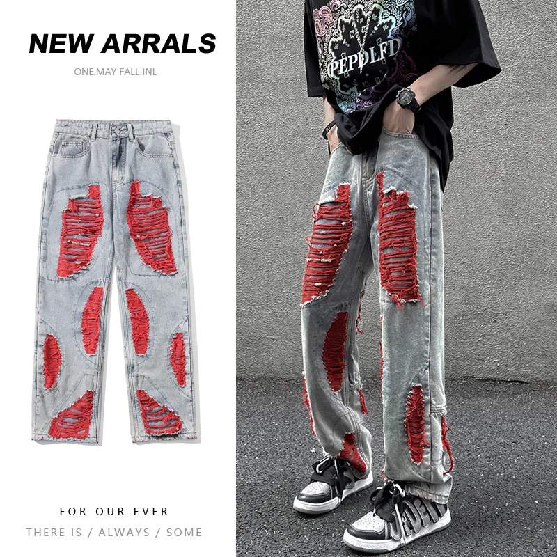 High Streetwear Mens Jeans Pants Ripped Loose Fashion Denim Hip Hop Harajuku Trousers