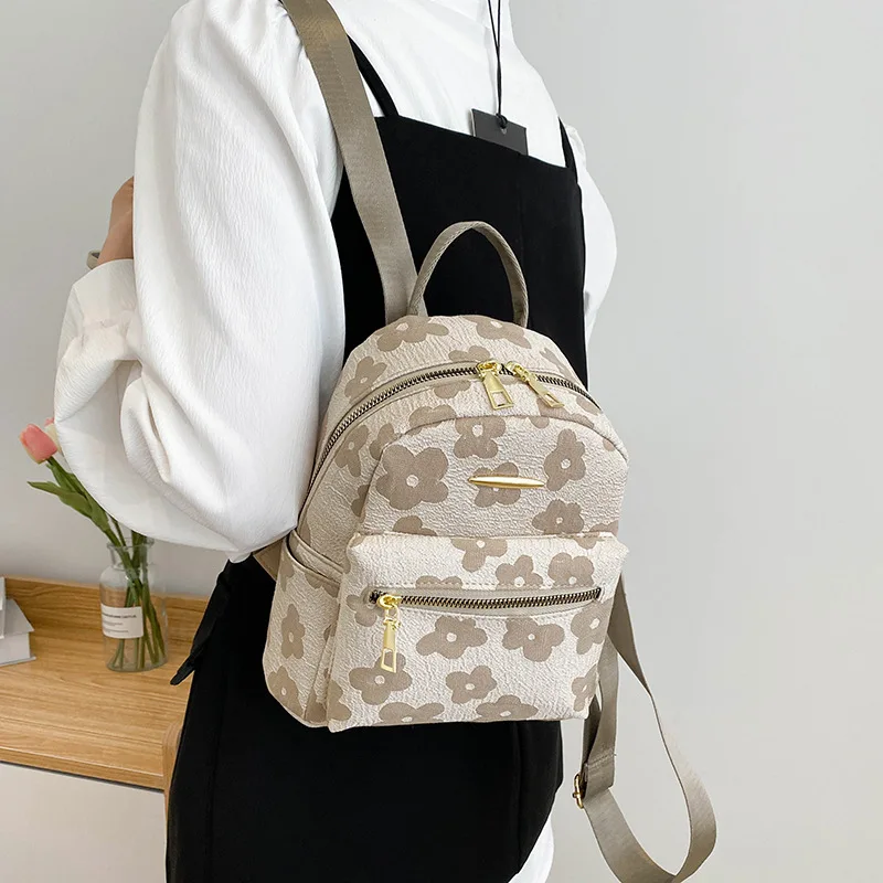 PU Leather Shoulder Mini Small Backpack Multi-Function Ladies Phone Pouch Pack Flower Print Ladies School Backpack Bag for Women