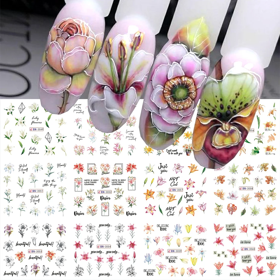 12 Designs Lily Flowers Nail Stickers White Flower Green Leaf Geometric Line Sliders Spring Floral Water Transfer Decals Slider