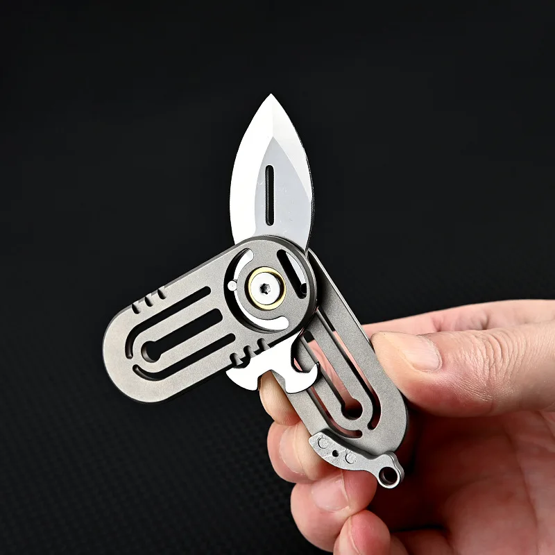 360° Rotating MINI Knife Titanium Alloy Handle D2 Blade Multifunctional Bottle Opener Screwdriver Outdoor EDC Self-defens Tool