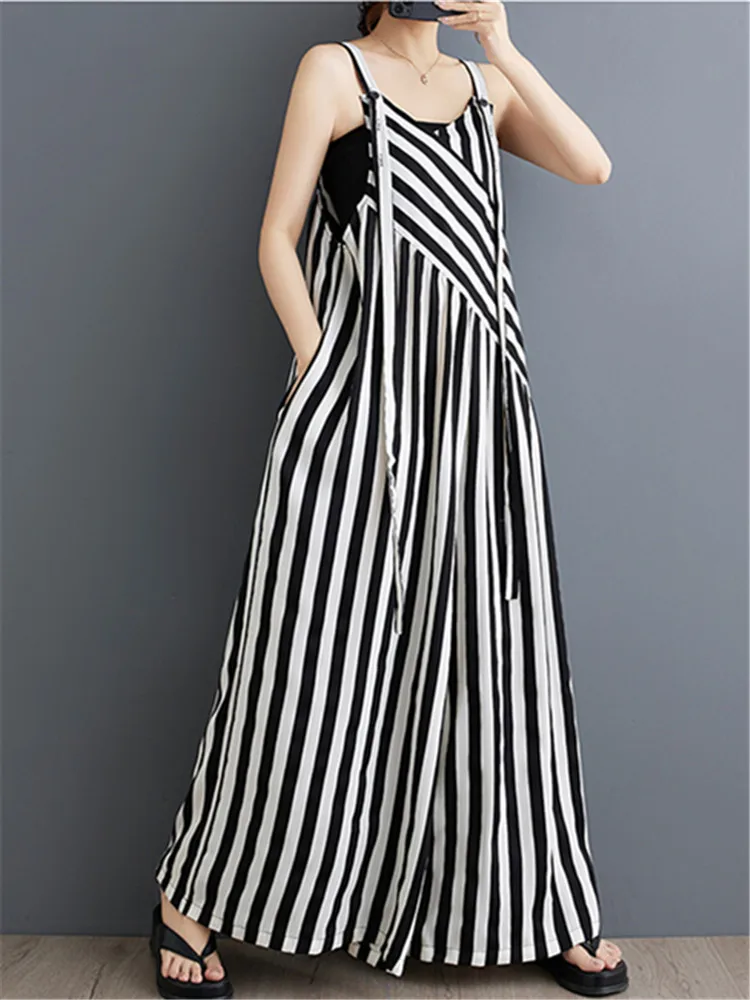 Oversized Summer Striped Print Wide Leg Jumpsuit Women Loose Pleated Fashion Ladies Jumpsuits Casual Woman One Pieces Overalls