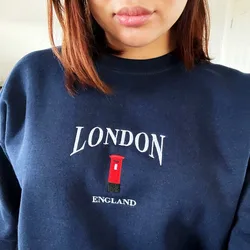 London Telephone Booth Embroidered Printing Women Vintage Style Sweaters Loose Cotton Crewneck Autumn Thick Fleece Pullovers