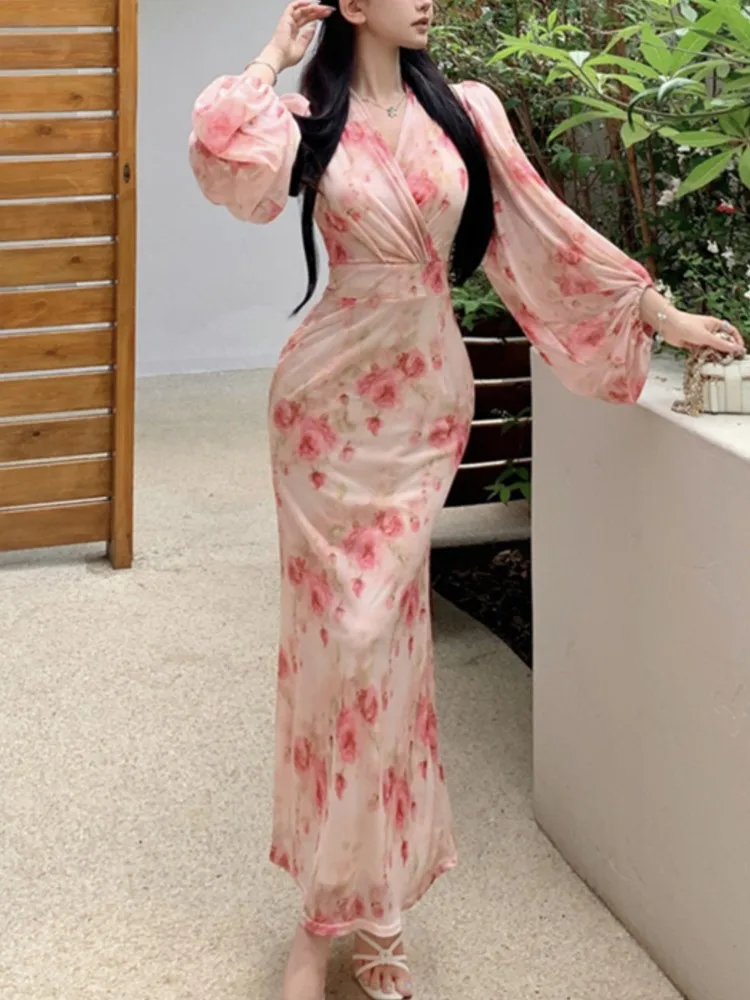 

Sexy Vintage Women V-Neck Dresses Summer 2025 New Print Slim Waist Lanrtern Sleeve Lace-up Mermaid Dress Casual Fashion Vestido