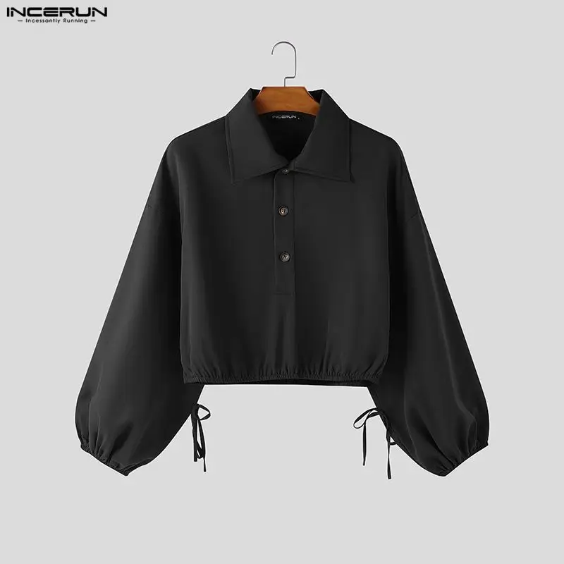 INCERUN Men Shirt Solid Color Lapel Long Sleeve Lace Up Casual Crop Tops Men Streetwear Loose Personality Fashion Camisas S-5XL