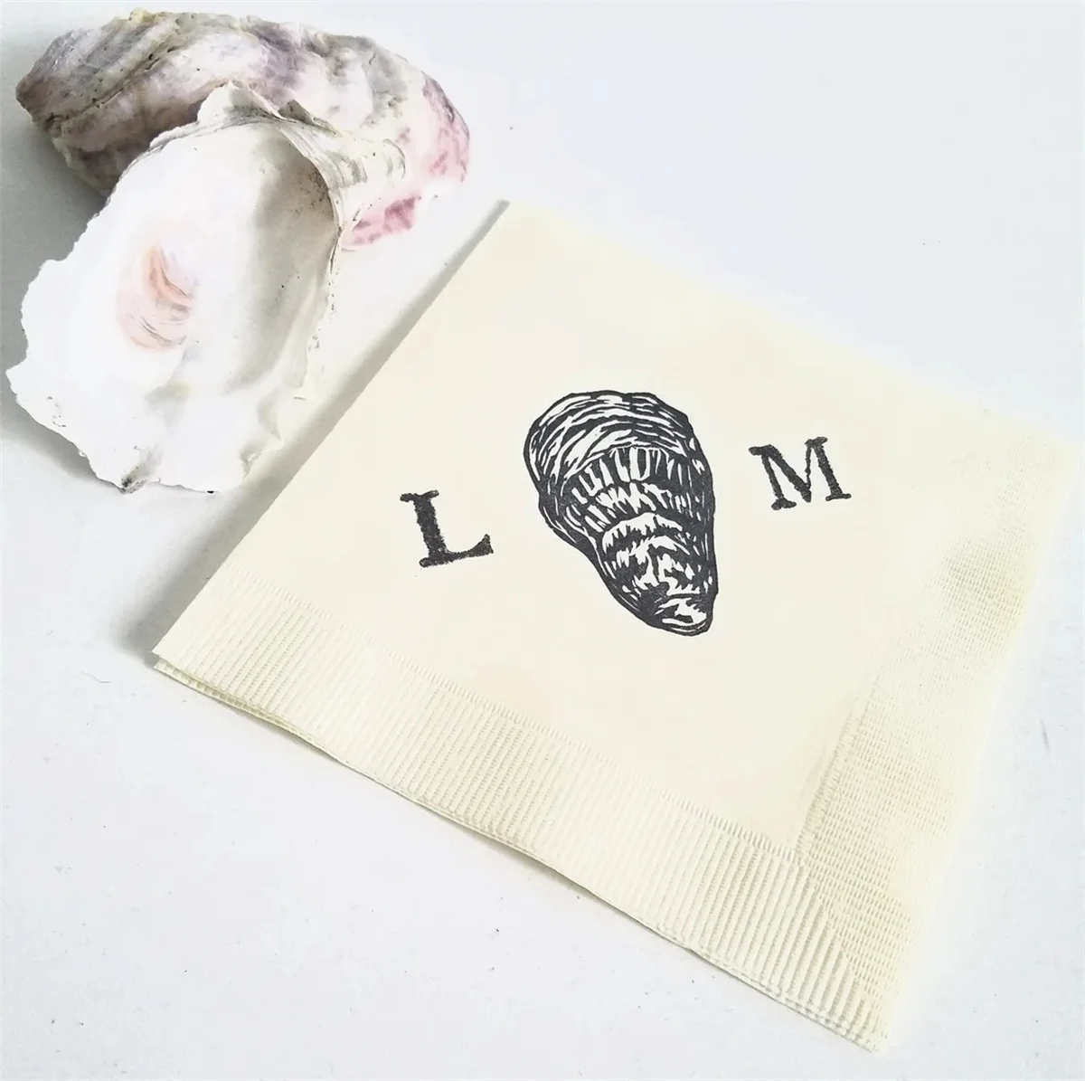 50 Oyster Shell Personalized Nautical Beach Marsh Wedding Beverage Napkins in Ivory Paper Cocktail Napkins with Couples Initials