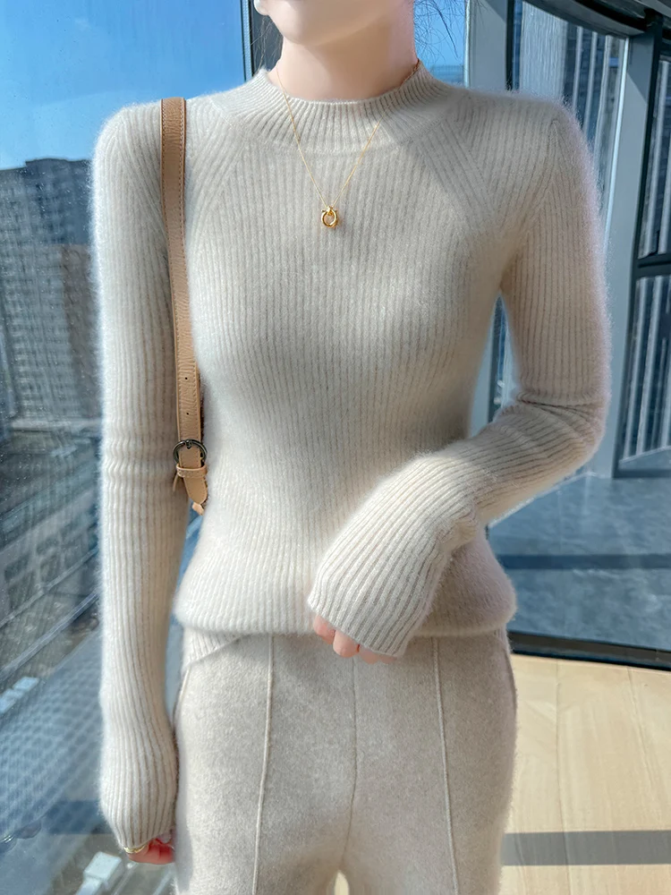 

Basic Autumn Winter Sweater Women's Pullover 100% Merino Wool Sweater Slim-Fit Semi High Neck Commuting Knit Inside Join Clothes