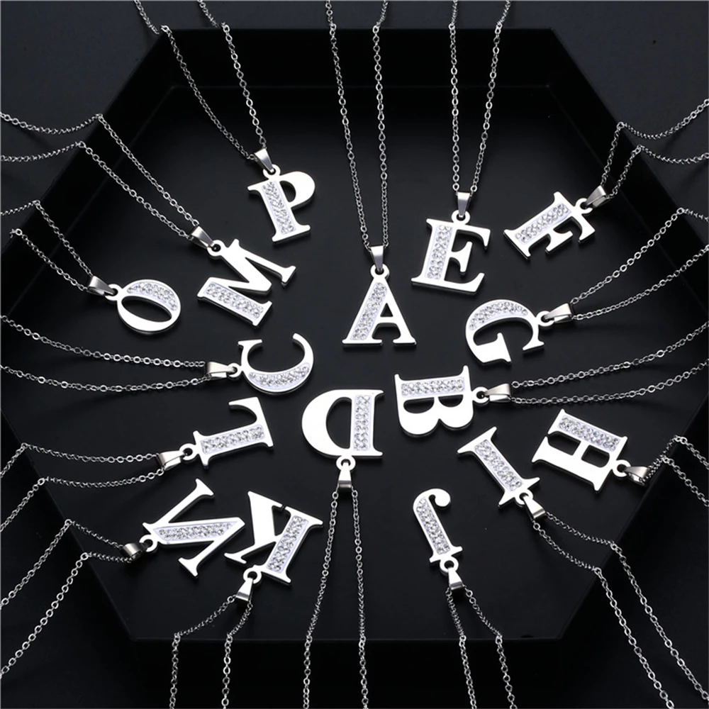 26Pcs/Lot Fashion Lucky Letters Rhinestone Stainless Steel Necklace for Men Women Trendy Jewelry Accessories Party Gifts