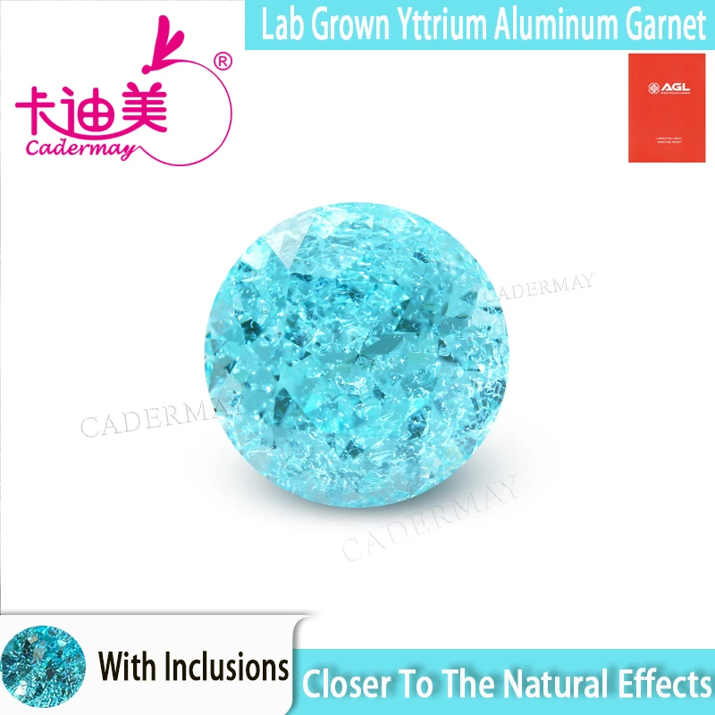 Blue Paraiba Color Lab Grown Yttrium Aluminum Garnet Stone YAG With Ice Crack Inclusion Round Shap For Inlaid Jewelry Making DIY
