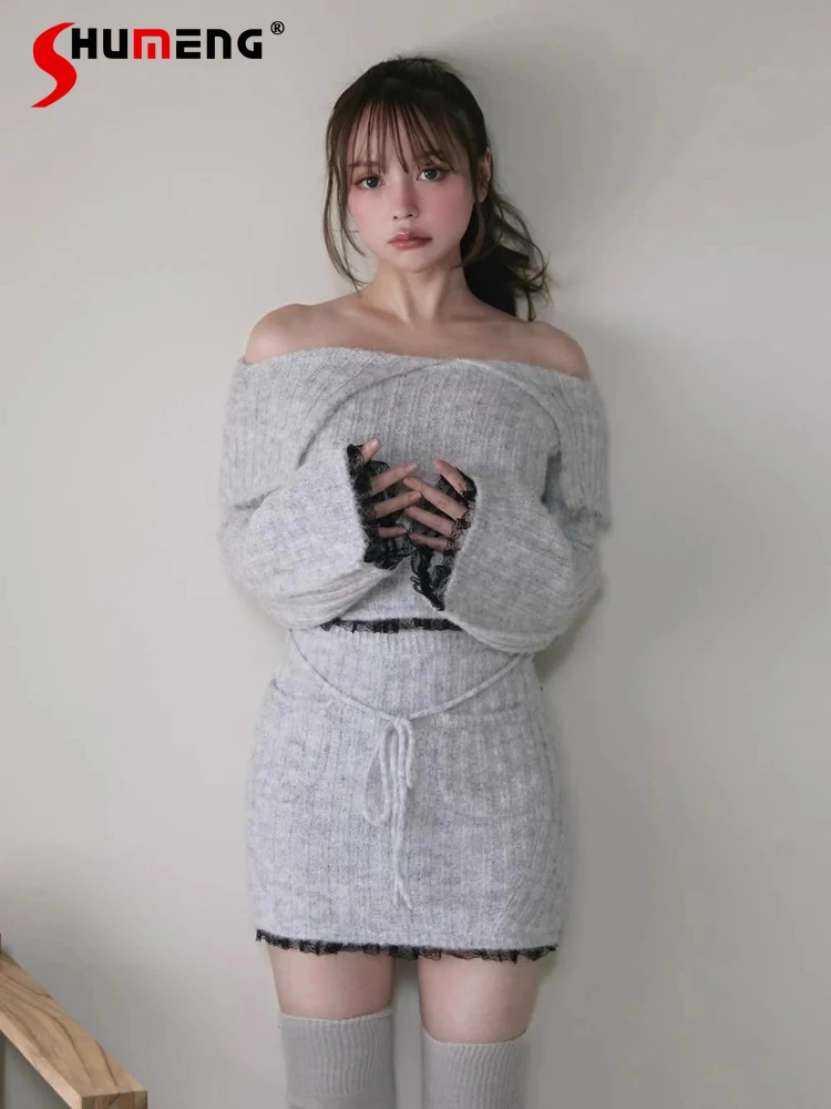 

Autumn Japan Style Sweet Knit Mini Skirt Sweater 2-Piece Set Women's Slim Fit Off-Shoulder Turn-Down Collar Knit Top Skirt Set