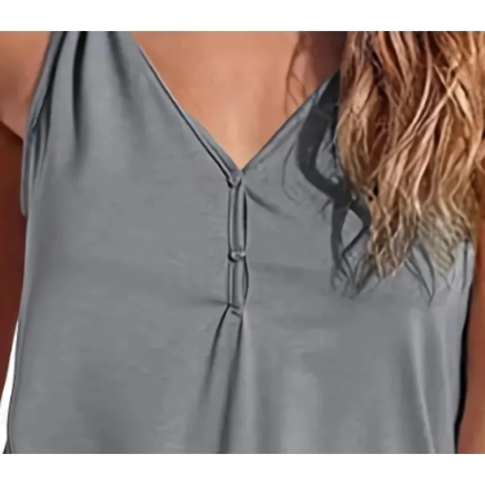 حجم كبير المرأة زر تانك الأعلى عارضة أكمام فضفاضة تانك TopWomen عارضة أكمام ساحة الرقبة سترة #4