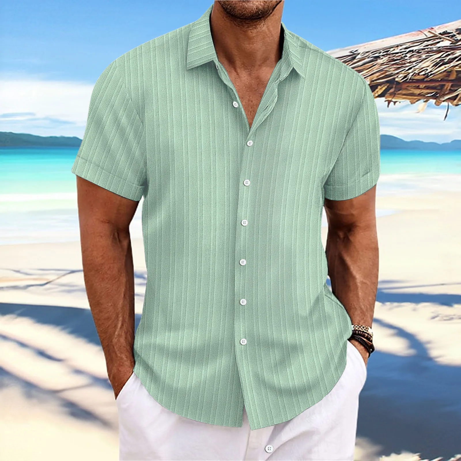 Camisa de lapela barra de manga curta masculina, camisa de praia monocromática, casual, novo