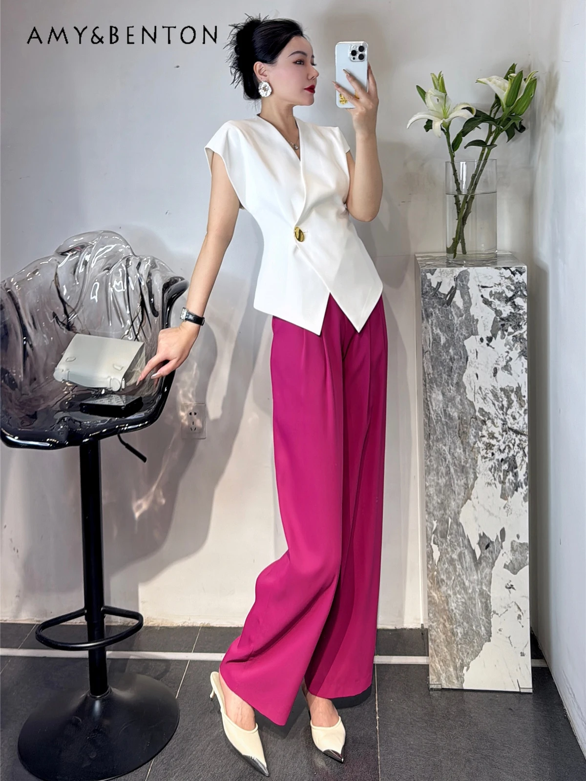 Fashion Commuter Business Suit Summer New Contrast Color Sleeveless Vest Wide Leg Pants Graceful 2 Piece Sets Womens Outfits