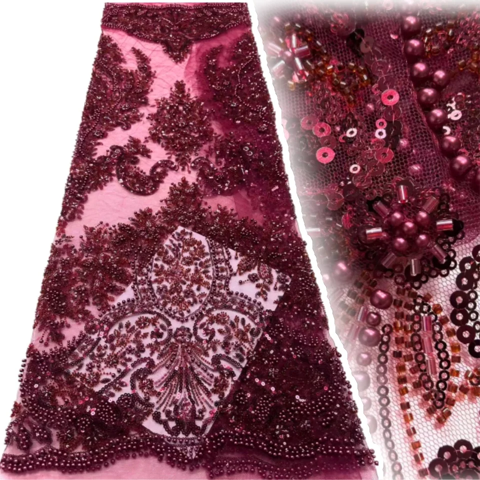 Africano 2025 Tessuto di pizzo con perline rosse Francese 5 metri Tulle Maglia Paillettes Tessuti di pizzo ricamato Matrimoni Vestito da festa TP1415