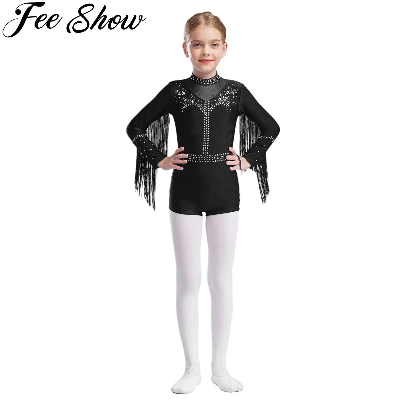 

Kids Girls Shiny Rhinestones Jazz Dance Leotard Long Sleeve Fringe Bodysuit Gymnastics Figure Skating Tango Cha-Cha Dancewear