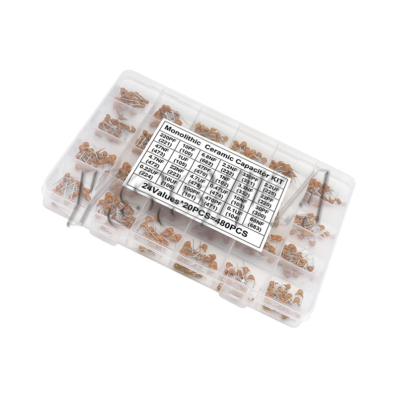 

480 шт. набор керамических конденсаторов для гитарных конденсаторов 24 значения 0,1 мкФ-10 мкФ