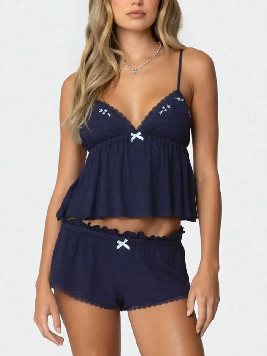 Womens Summer Pajama Set Embroidered Lace Trim Camisole Top And Shorts Lounge Wear