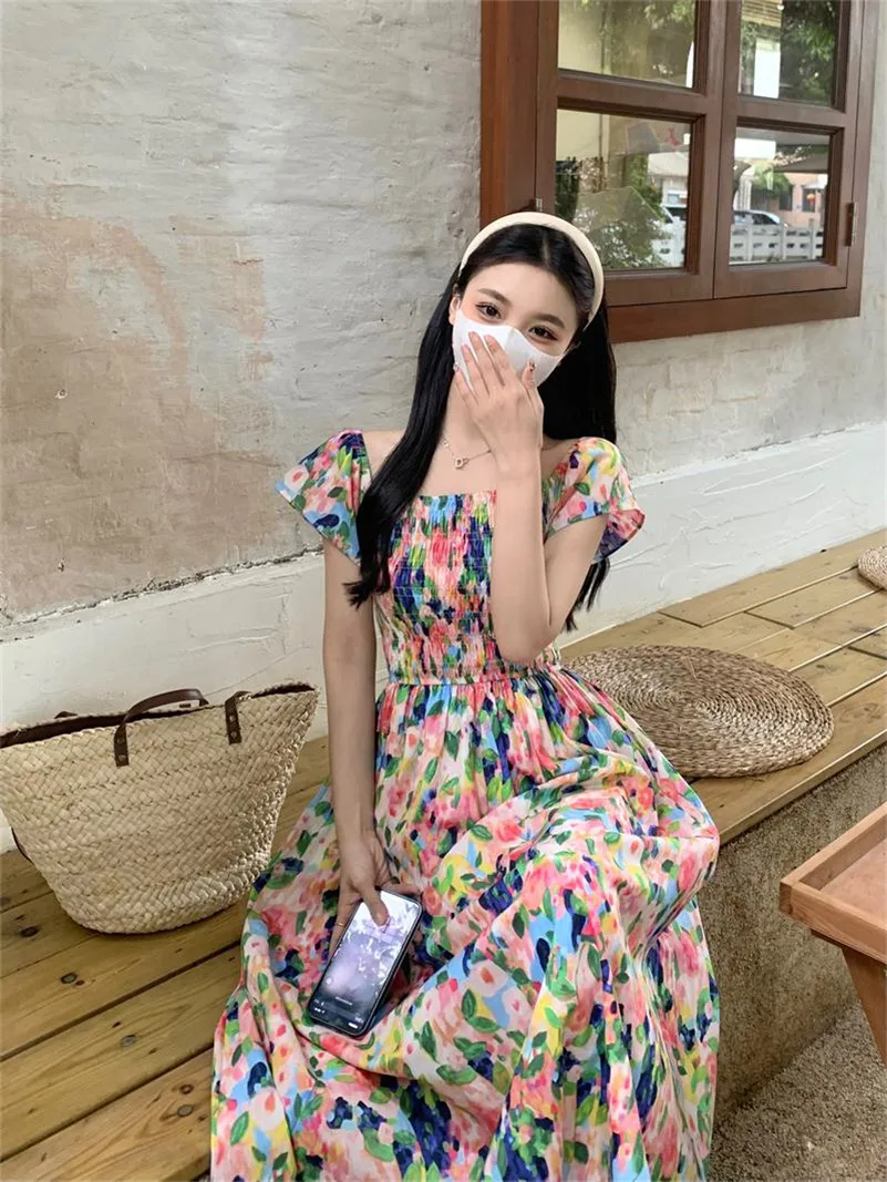 Summer Cotton Women Flying sleeve Sweet Floral Print Lovely Elegant Dress Slim Slash Neck Elastic Waist Dress Vintage Vestidos