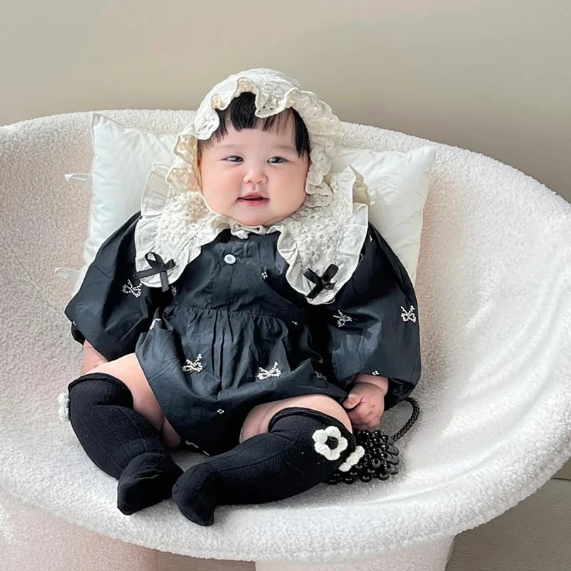

Autumn Baby Clothes Sweet Embroidered Bow Girls Bodysuit Newborn Lace Peter Pan Collar Princess Clothing Toddler Baby Romper