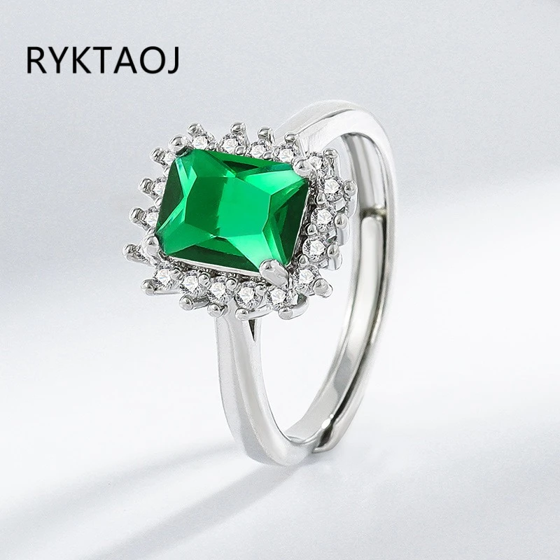 925 Sterling Silver Emerald Cut Green Cubic Zirconia Jewelry Set Halo Pendant Necklace Stud Earrings Open Ring Women Jewelry