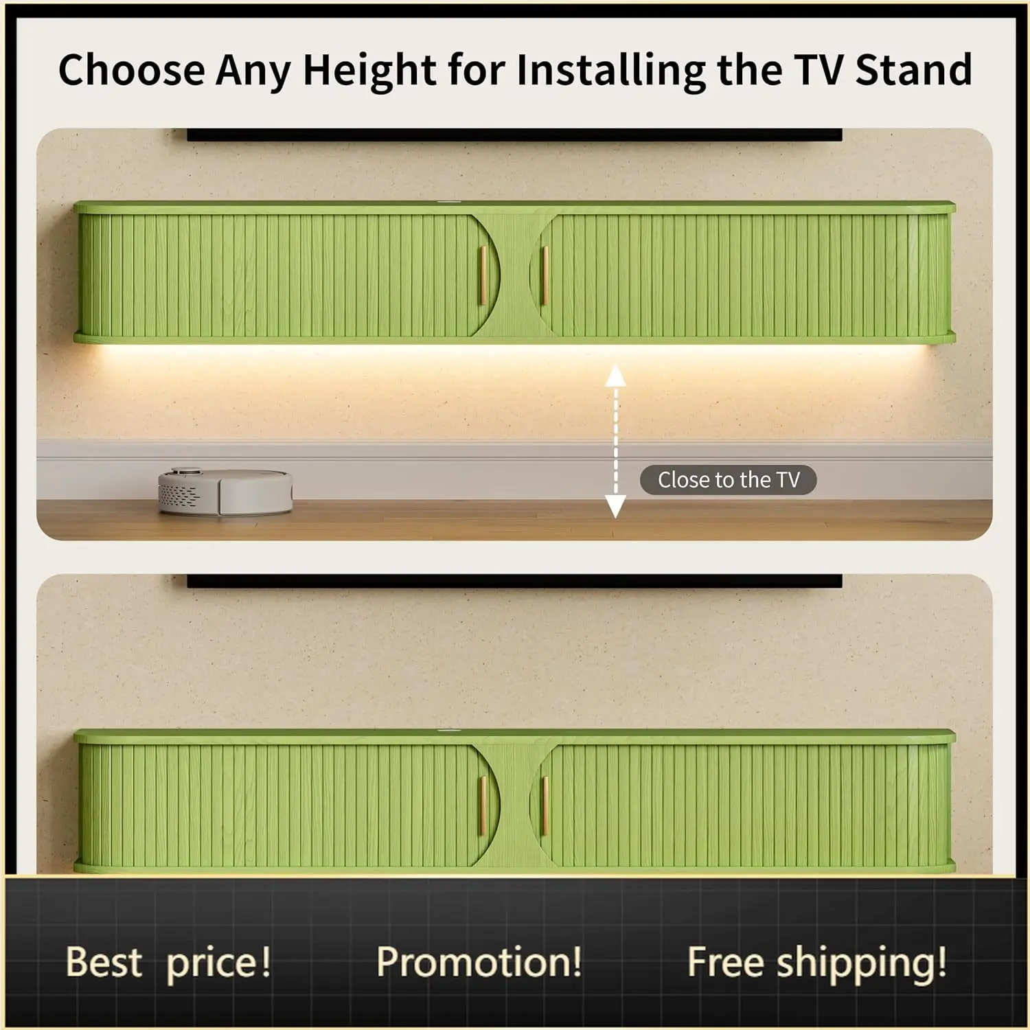 Floating TV Console With Power Socket And LED Lights For 70 Inch Screens Mid Century Modern Sliding Door Entertainment Center Gr
