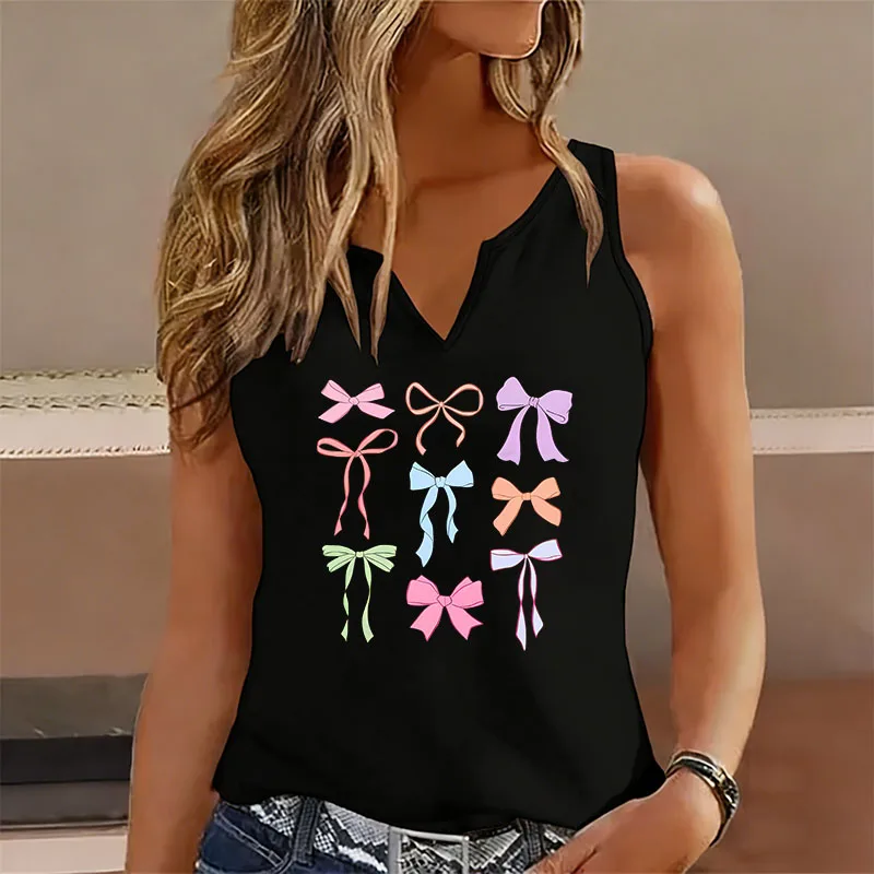 Ärmelloses Tanktop T-Shirt mit V-Ausschnitt Lässige Mode Y2k Buntes Schleifendruck-Oberteil T-Shirts Damen Kurzarm-Tee-Shirt V-Ausschnitt