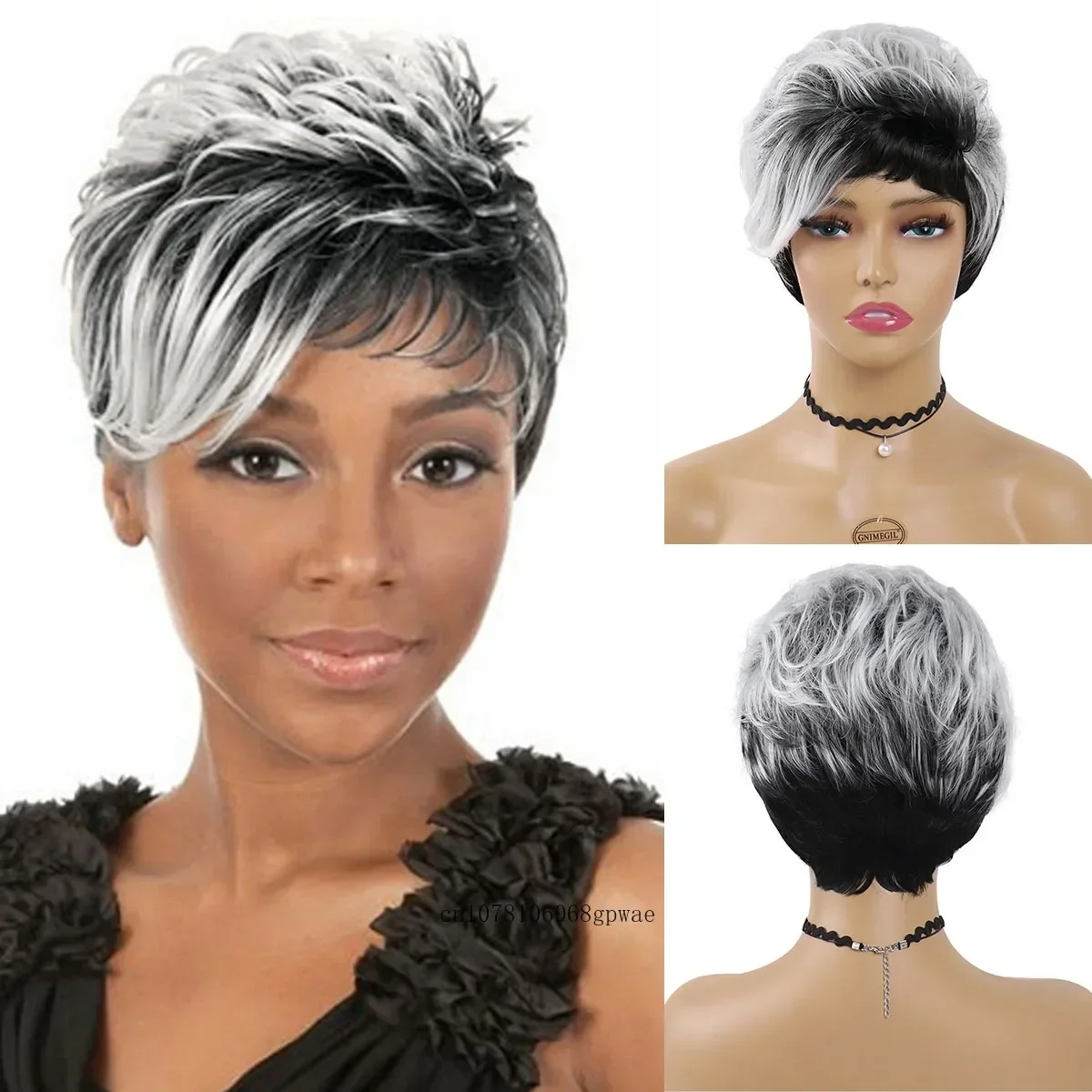 

Short Black Mix Grey Synthetic Hair Pixie Cut Wigs for Women Layered Wig with Bangs Heat Resistant Daily Party Cosplay Costume