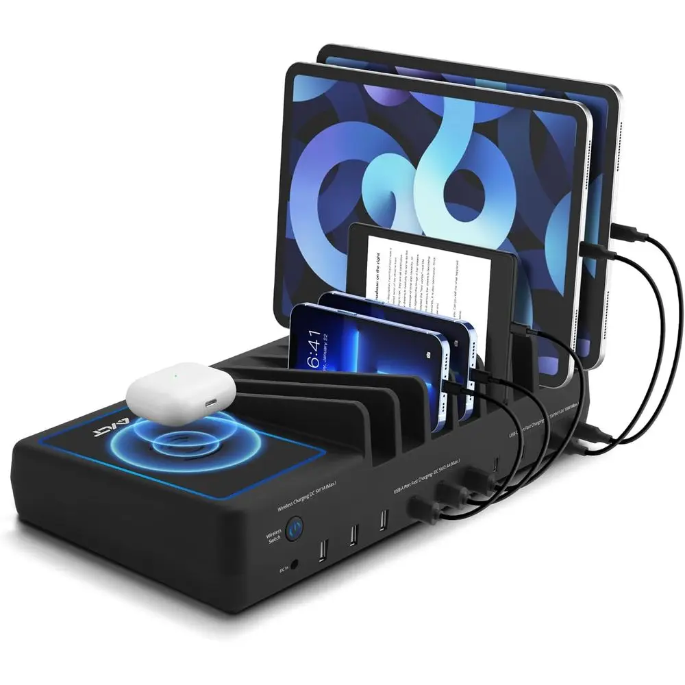

Зарядная станция Qi с 10 портами USB-A и USB-C мощностью 150 Вт для iPad, AirPods и смарт-устройств с органайзером для кабелей — черная