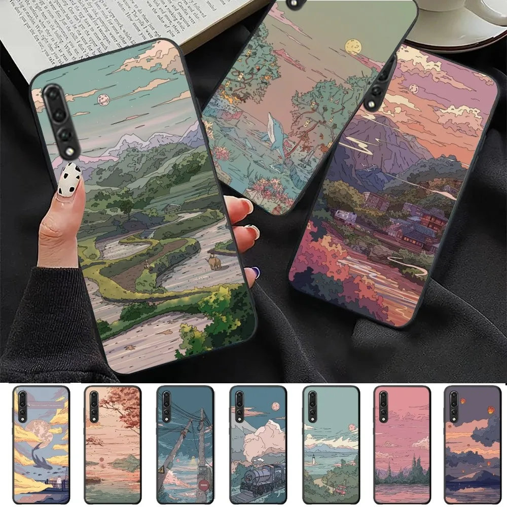 Japanese Anime Hand Painted House scenery Phone Case For Huawei P 8 9 10 20 30 40 50 Pro Lite Psmart Honor 10 lite 70 Mate 20