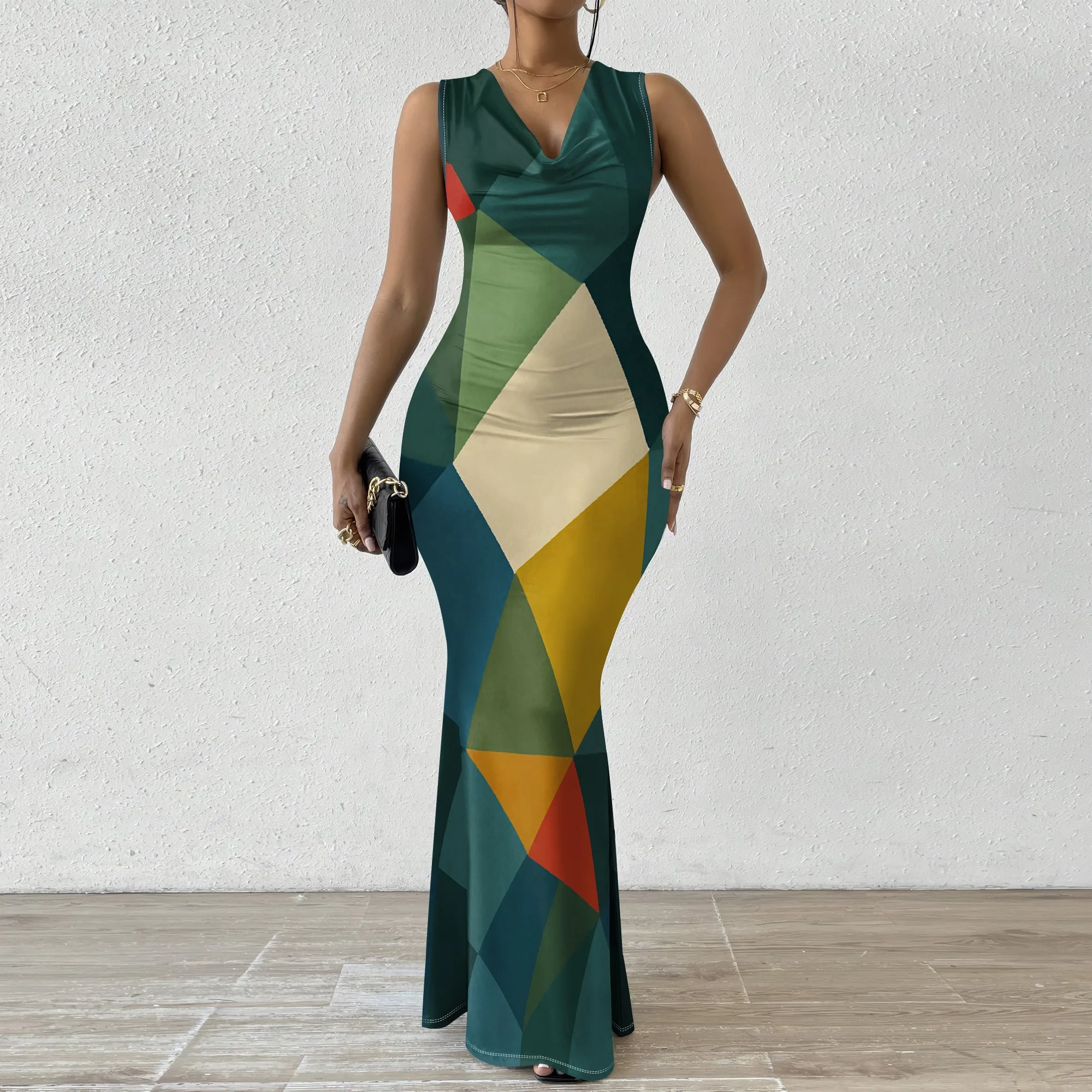 

Geometric Color Block Cowl Neck Maxi Dress for Women 2025 - Stylish & Bold Dress for Casual Outings, Events, XS-2XL