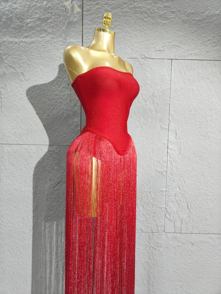 2025 пикантные красные женские элегантные вечерние боди без бретелек с длинными кисточками, бандажный боди, роскошный наряд для дня рождения, ночного клуба, певицы, сценический наряд