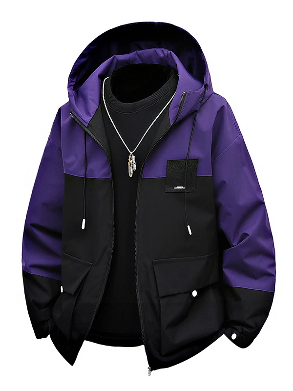 Casual Hooded Jacket for Men Spring Autumn Trendy Splice High School Boys Student Uniform Top New Style Outdoor Polyester
