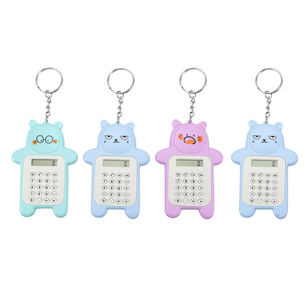 4Pcs Mini Cartoon Rechner Schlüsselbund Bär Design Tragbare Tasche Rechner Anhänger Grundlegende Arithmetik Prozentsatz Werkzeug