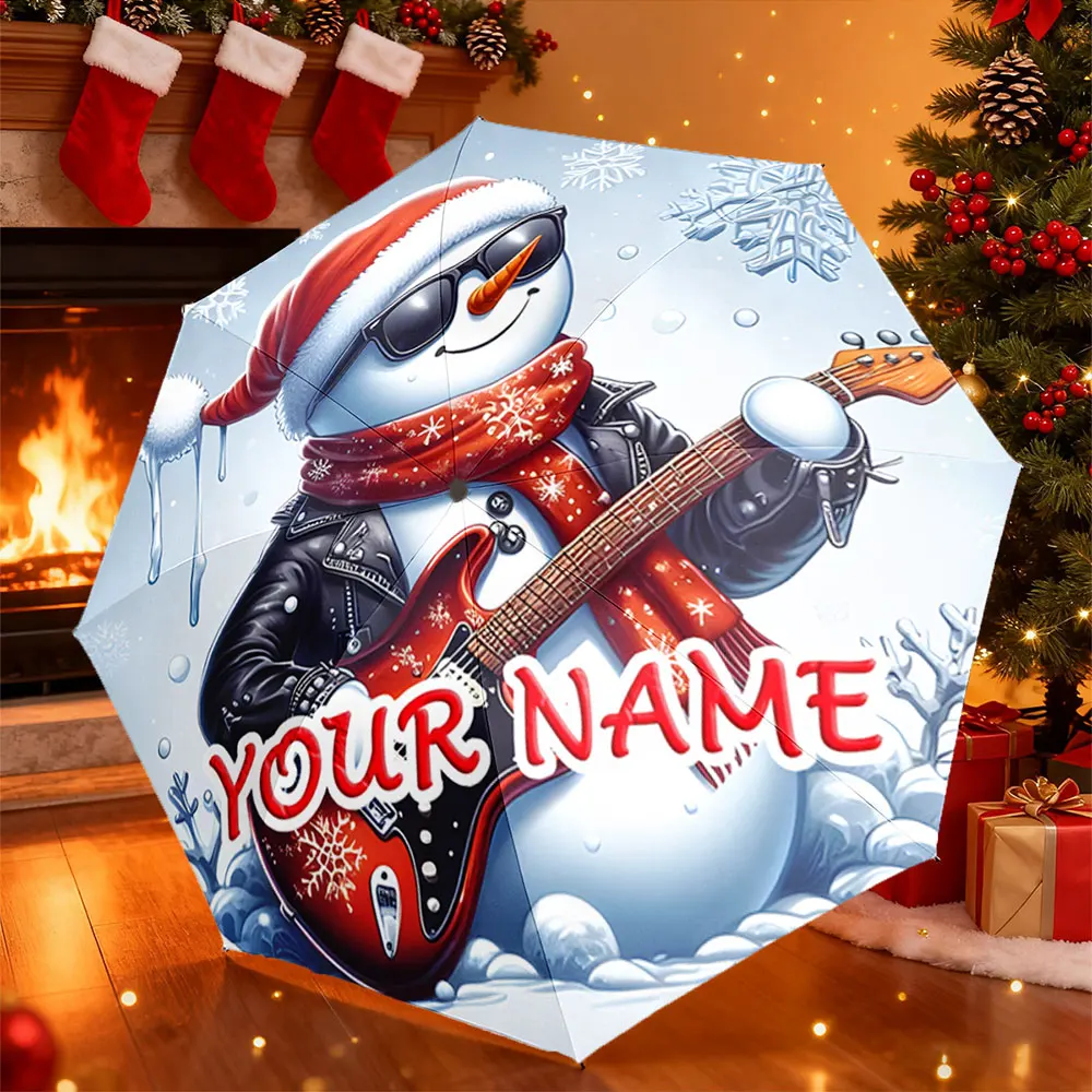 Custom Name Umbrella， Rock Snowman with Guitar and Christmas Snowflake Design ,Portable Folding Umbrella, Christmas Gift