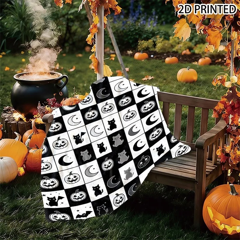 Playful Black And White Halloween Checkered Small Throw Blanket, Featuring a Grid Pattern of Jack-O'-Lanterns, Bats, Crescent Mo