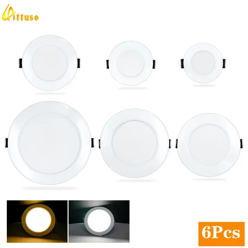 Downlights LED redondos para teto, embutida para baixo luz, spotlight painel, iluminação interior, 220V, 3W, 5W, 7W, 9W, 12W, 15W, 6pcs por lote