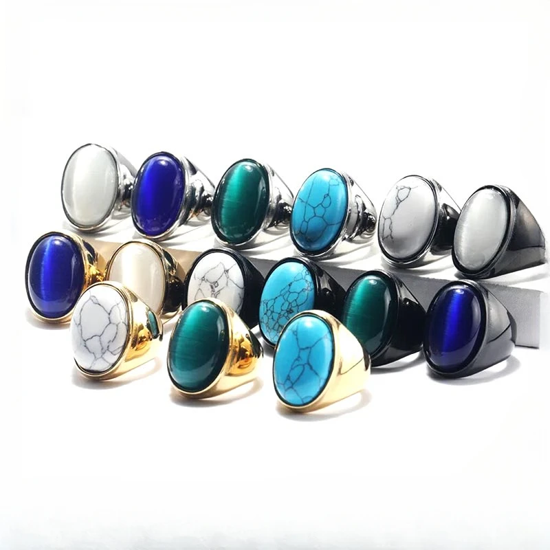 CHUANGCHENG Trend Multi-color Oval Gemstone Men's Stainless Steel Ring Size 7-13