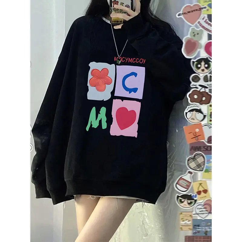 Fashion Printing Spliced Letter Casual Sweatshirts Female Clothing 2023 Autumn Winter Loose Korean Tops All-match Sweatshirts