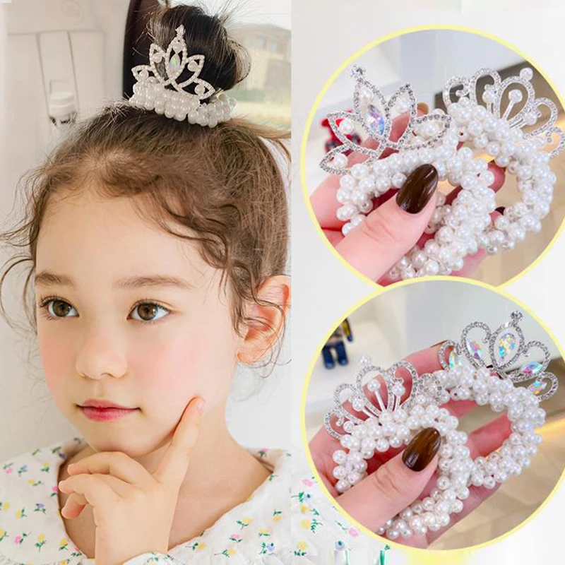 

2022 New Children Sweet Headband Headdress Princess Pearl Jewel Crown Flower Girl Hair Tie Rubber Band Hairband Hair Accessories