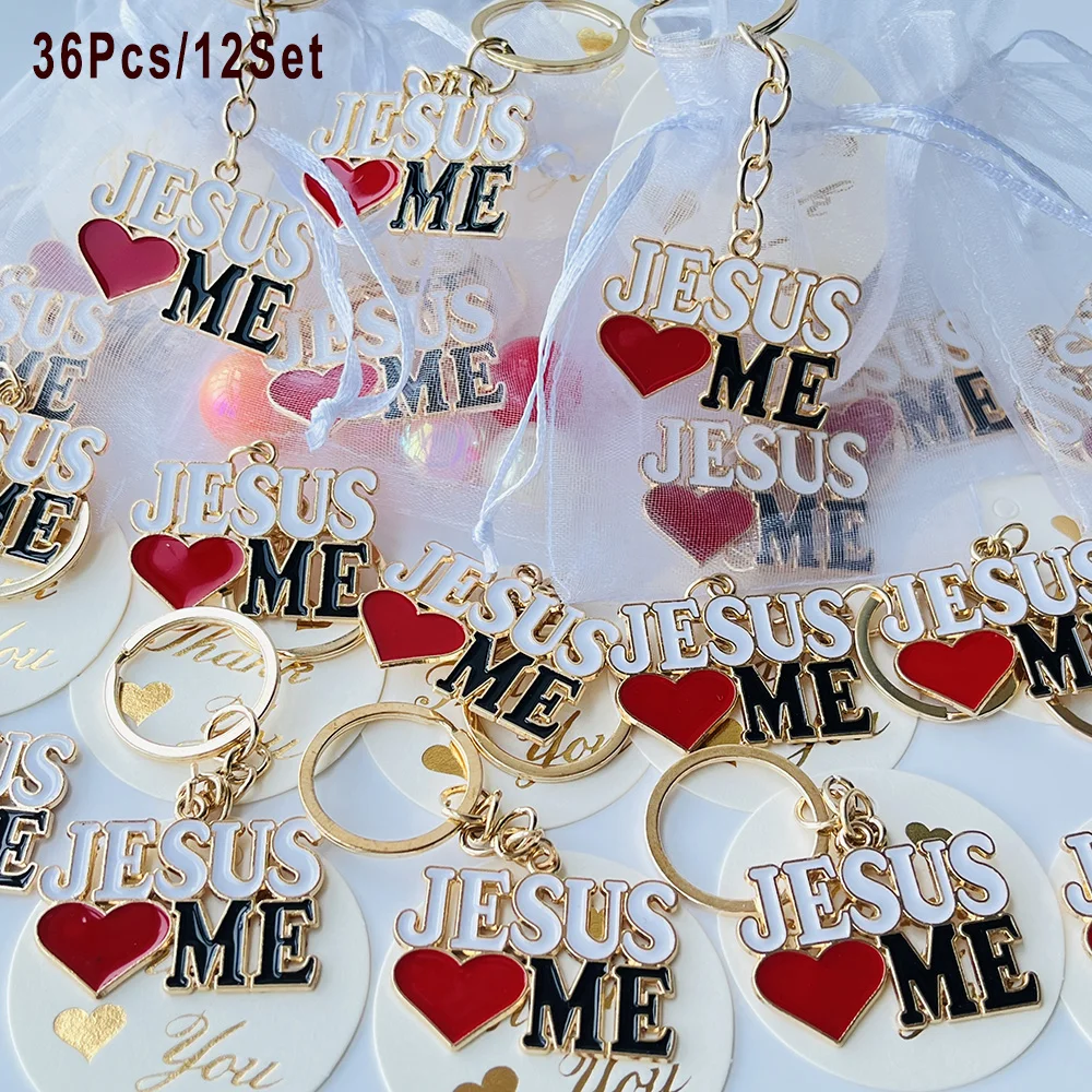 36 Stück/12 Sets Jesus liebt mich Herz-Anhänger-Schlüsselanhänger, religiöses Geschenk für Weihnachten, Taufe, Konfirmation, Party-Souvenir