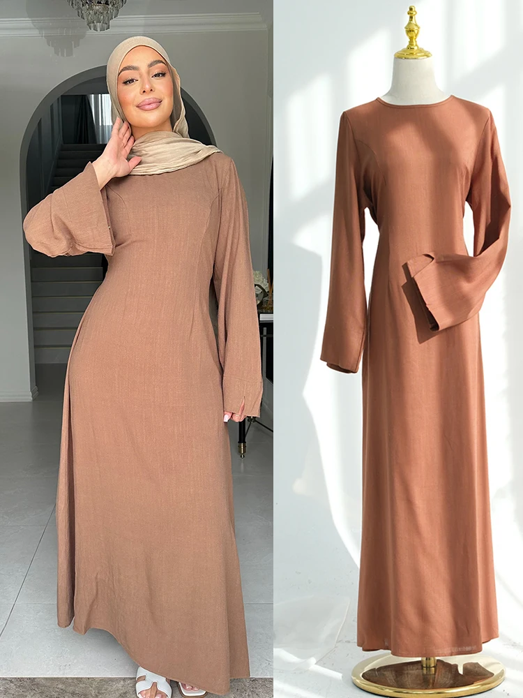 

Eid Women Dress Abaya Muslim Jalabiya Ramadan Modest Solid Vestidos Largos Cotton Linen Dresses Arab Long Robe Morocco Kaftan