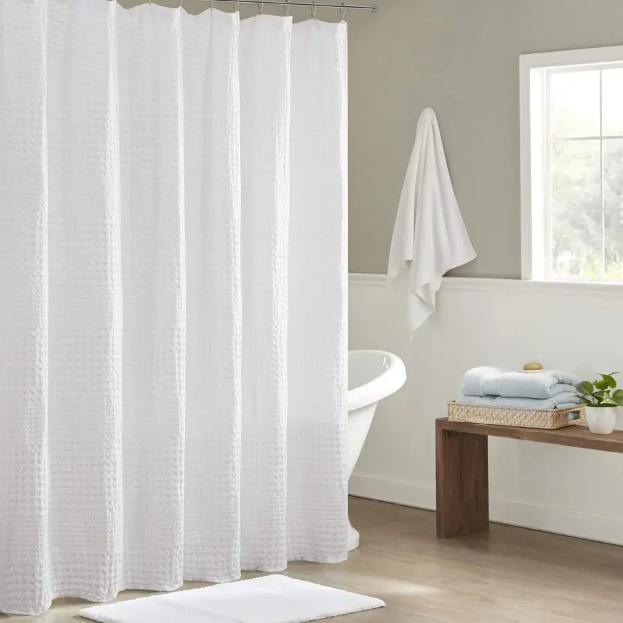 

Arlo 100 Cotton Shower Curtain, Texture Waffle Weave Design 800 GSM Hotel Quality, Soft Trendy Bathroom Decor, Machine Washable,