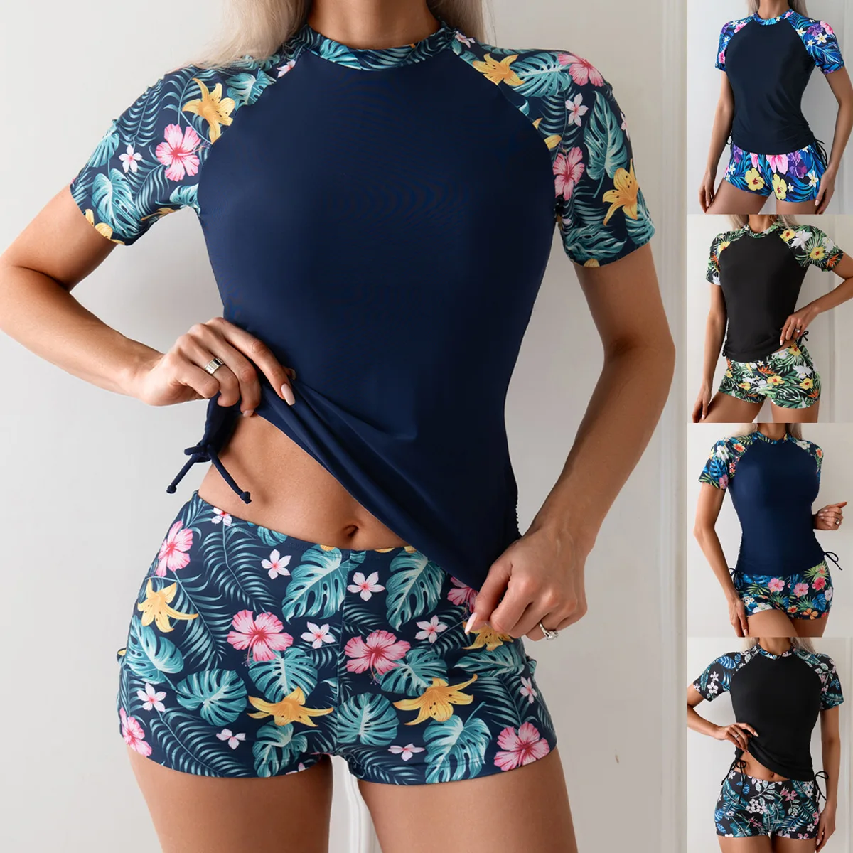 

2025 Short Sleeve Surfing Swimsuit Women Drawstring 2-Piece Diving Clothes Print Swimwear Female Beachwear Bathing Swimming Suit